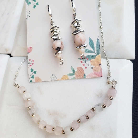 925 solid sterling silver ROSE QUARTZ Necklace 18" AND EARRINGS - Picture 1 of 4